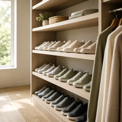 Organized Sneaker Collection on Minimalist Shelves