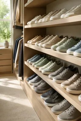 Organized Sneaker Collection on Minimalist Shelves