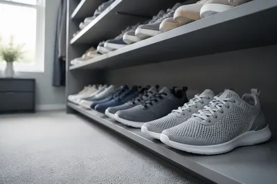 Organized Sneaker Collection on Minimalist Shelves