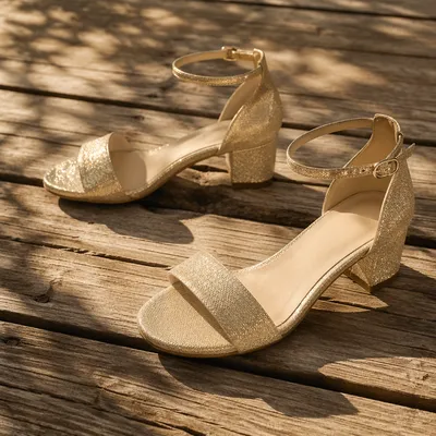 Champagne Ankle Strap Sandals on Rustic Wood