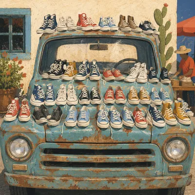Colorful Sneakers on Vintage Pickup Truck