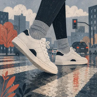 White Sneakers on Rainy Urban Crosswalk