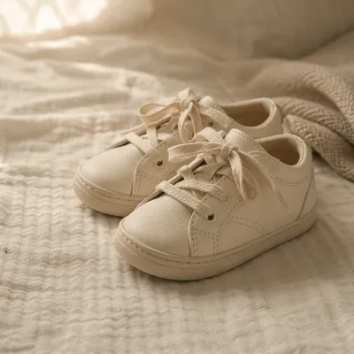 Cream Toddler Sneakers on Soft Bedspread