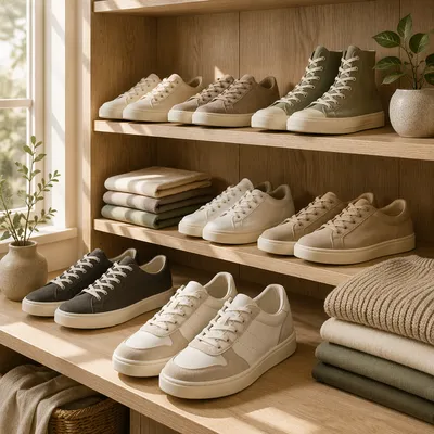 Minimalist Sneaker Collection on Oak Shelves