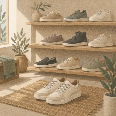 Minimalist Sneaker Collection on Wooden Shelves