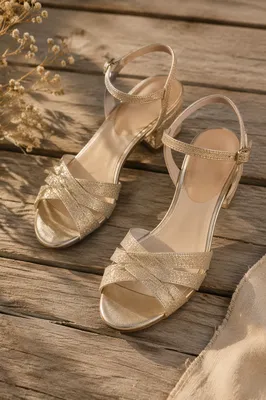 Champagne Ankle Strap Sandals on Weathered Wood