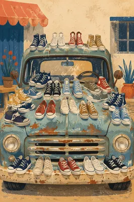 Colorful Sneakers on Vintage Pickup Truck