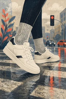 White Sneakers on Rainy City Crosswalk
