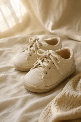 Cream Toddler Sneakers on Soft Bedspread