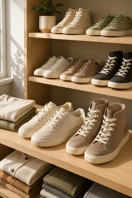 Curated Neutral Sneaker Collection on Oak Shelves