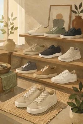 Minimalist Sneaker Collection on Wooden Shelves