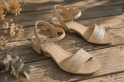 Champagne Ankle Strap Sandals on Rustic Wood