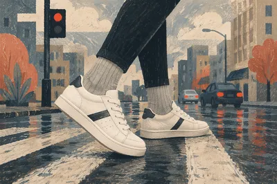 White Sneakers on Rainy Urban Crosswalk