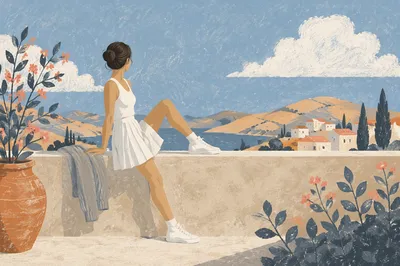 White Sneakers on Sunlit Rooftop Terrace