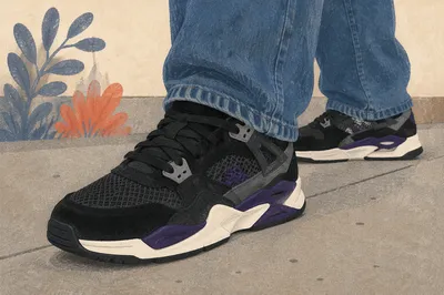 Casual Black Sneakers on Gray Sidewalk