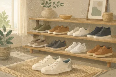 Minimalist Sneaker Collection on Wooden Shelves