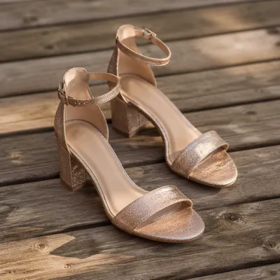 Champagne Ankle Strap Sandals on Wood