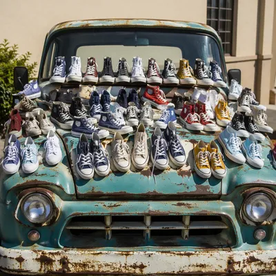 Colorful Sneakers on Vintage Pickup Truck