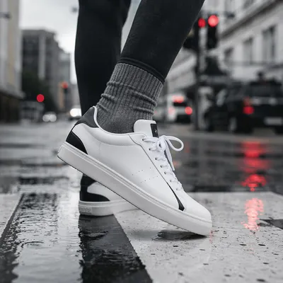 White Sneakers on Rainy Urban Crosswalk