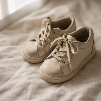 Cream Toddler Sneakers on Soft Bedspread