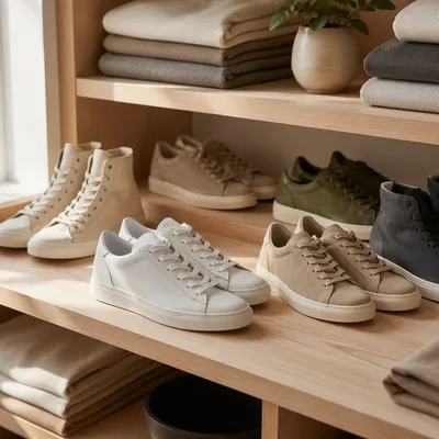 Minimalist Sneaker Collection on Oak Shelving