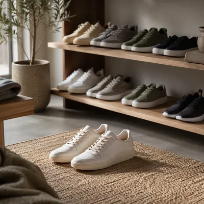 Minimalist Sneaker Collection on Wooden Shelves