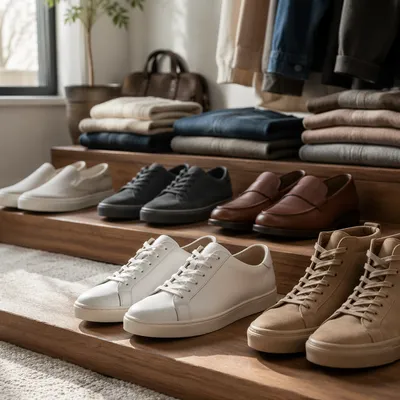 Neutral Sneaker Collection on Wooden Shelves