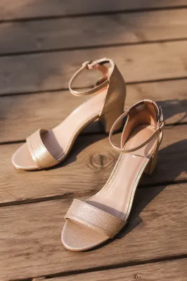 Champagne Ankle Strap Sandals on Wood