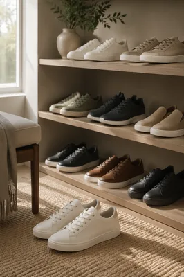 Minimalist Sneaker Collection on Wooden Shelves