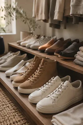 Minimal Sneaker Collection on Wooden Shelves