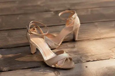 Elegant Champagne Sandals on Weathered Wood