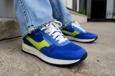 Cobalt Retro Sneakers on Concrete Patio