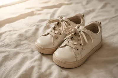 Cream Toddler Sneakers on Soft Bedspread