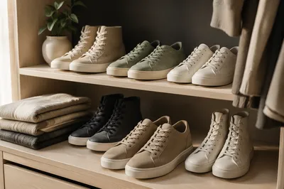 Minimalist Sneaker Collection on Oak Shelves