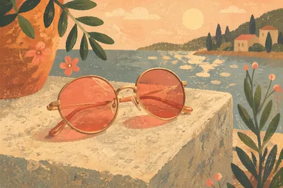 Coral Sunglasses on Summer Concrete Ledge