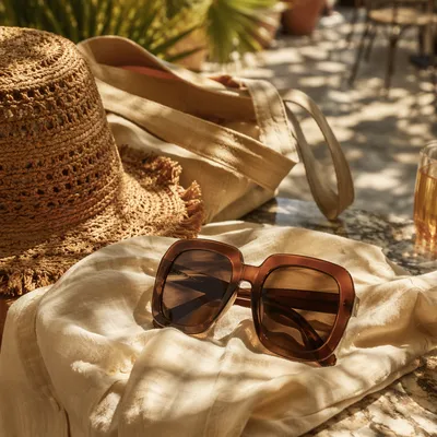 Oversized Sunglasses on Sunlit Summer Terrace