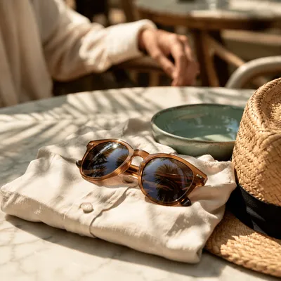 Sunlit Summer Sunglasses on Linen Café Table