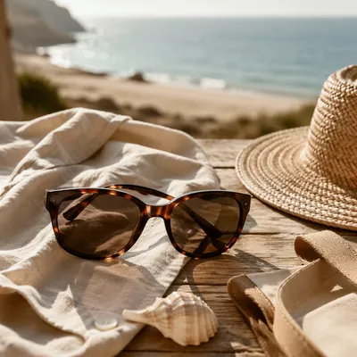 Tortoiseshell Sunglasses on Sunlit Coastal Linen