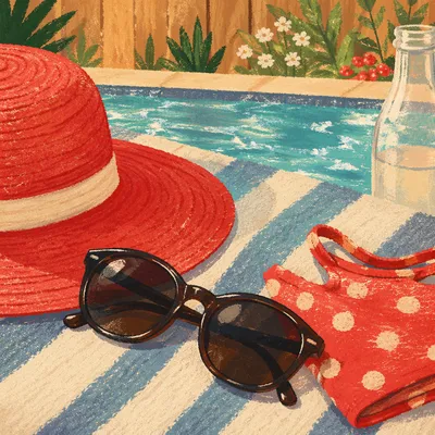 Summer Sunglasses and Sun Hat Poolside