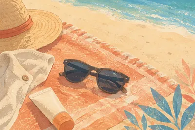 Summer Sunglasses on Beach Towel Flat Lay