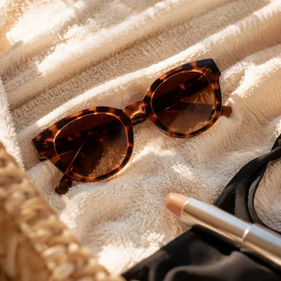 Tortoiseshell Sunglasses on Ivory Beach Towel