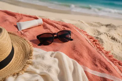 Summer Sunglasses on Beach Towel Flat Lay