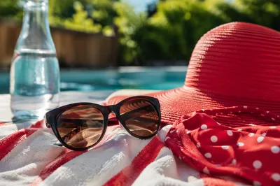 Summer Sunglasses and Sun Hat Poolside