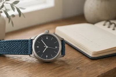 Close-Up Wristwatch on Wooden Desk