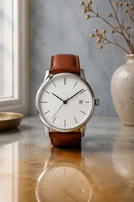 Luxury Wristwatch Close Up on Reflective Table