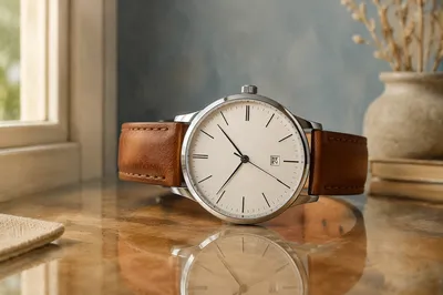 Luxury Wristwatch Close-Up on Reflective Table