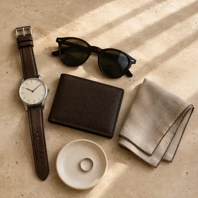 Elegant Accessories Flat Lay on Travertine