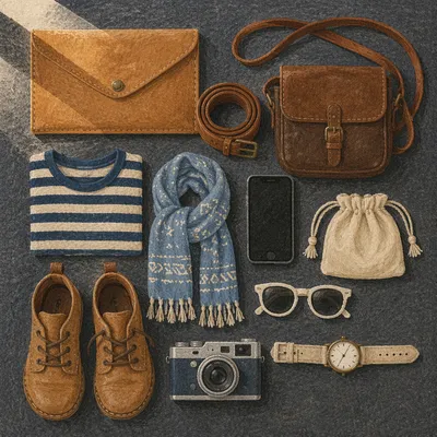 Travel Accessories Flat Lay on Charcoal Felt
