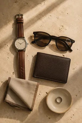 Elegant Accessories Flat Lay on Travertine