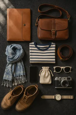 Travel Accessories Flat Lay on Charcoal Felt